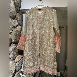 Pakistani Sapphire Embellished Organza Kurta in Sage & Petal - Size S